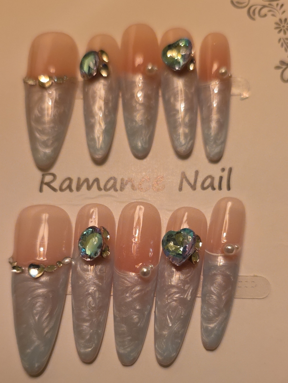 Romantic Pearl-Accent Nude & Iridescent Blue Press-On Nail Set Size Large